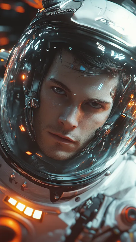 Close-up of a futuristic astronaut's helmet.  The astronaut's face is visible through the clear visor, his serious expression accentuated by dramatic lighting.  The helmet is sleek and technologically advanced, reflecting an orange glow from the surrounding environment.  The overall aesthetic is one of science fiction, emphasizing a blend of human and machine.