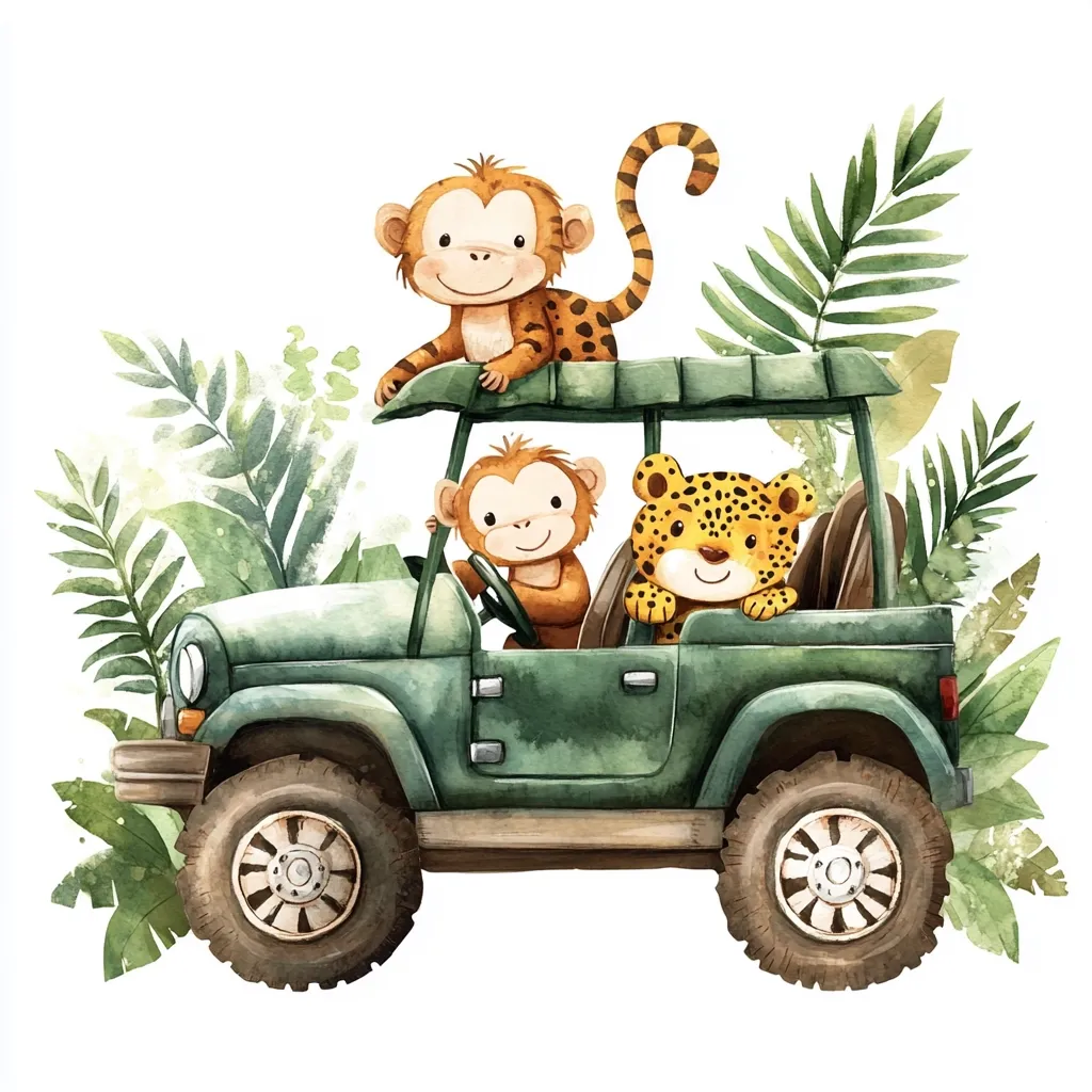 A charming watercolor illustration depicts two monkeys and a jaguar cub enjoying a safari adventure.  One monkey sits on the jeep's roof, while the other drives, with the jaguar cub peering from the passenger seat. Lush tropical foliage surrounds the adorable scene, adding to its whimsical charm. The jeep is a muted green, contrasting nicely with the vibrant animals and leaves.  The overall style is cute and playful, perfect for children's décor.