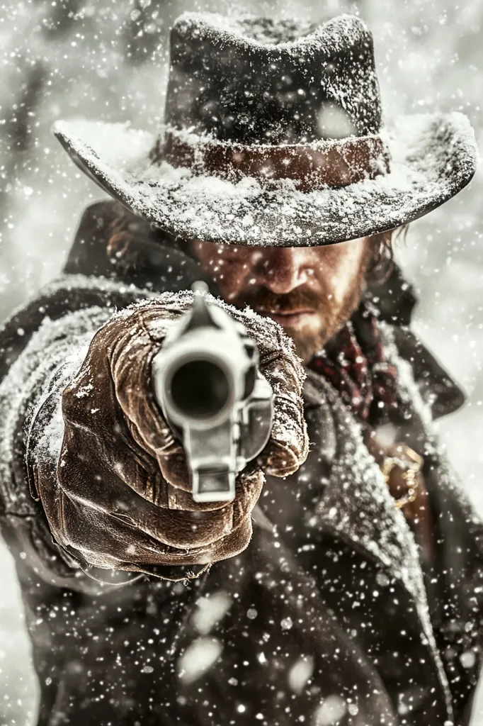 A snow-covered cowboy, wearing a wide-brimmed hat and leather gloves, points a revolver directly at the viewer.  The image is close-up, focusing on the gun and the man's determined expression.  Snowflakes fall around him, creating a dramatic and intense winter scene. The overall tone is gritty and evocative of a Western film.