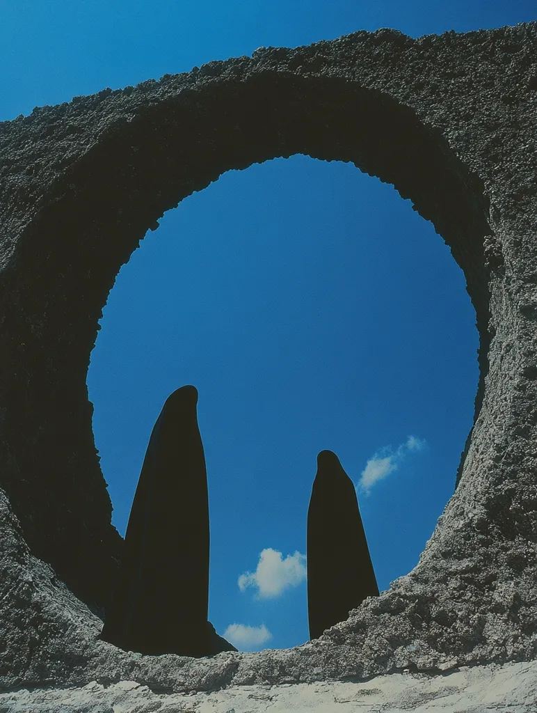 Two dark, cloaked figures stand silhouetted against a vibrant blue sky, framed by a large, circular opening in a rough, textured stone archway. The figures appear tall and slender, their shapes starkly contrasting the bright sky and the rough texture of the stone.  The scene evokes a sense of mystery and isolation.