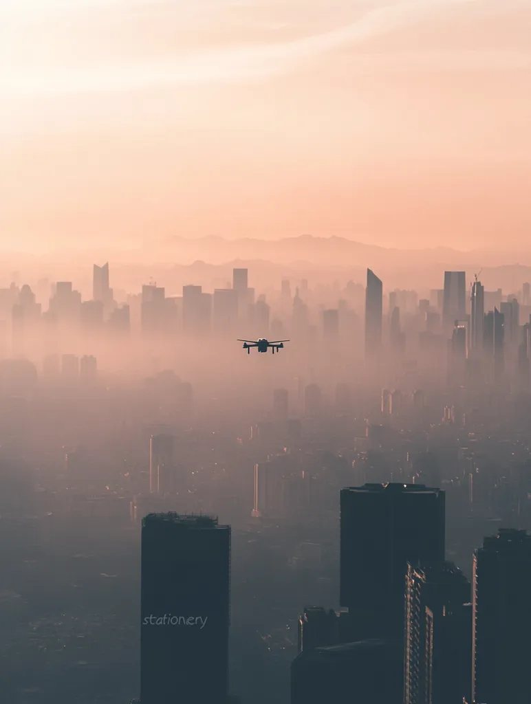 A drone silently flies over a hazy cityscape at sunrise.  Tall buildings are shrouded in a soft, pink-tinged fog, creating a serene yet slightly dystopian atmosphere. The drone is a small silhouette against the vast expanse of the city, emphasizing the scale of the urban environment.  The overall mood is peaceful and slightly melancholic.