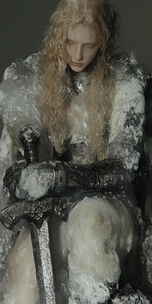 A striking image of a fair-skinned figure, seemingly female, with long, blonde hair, encased in ice.  She is clad in dark armor, partially obscured by the frozen substance.  A large, dark sword rests across her lap, adding to the dramatic, almost mythical, aesthetic. The overall tone is cold, mysterious, and visually captivating.