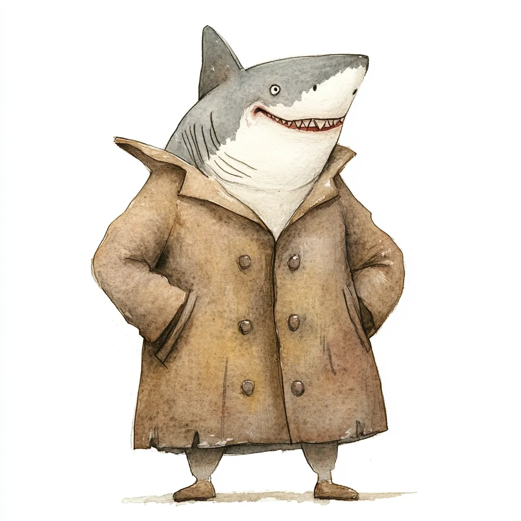 A watercolor illustration depicts a great white shark anthropomorphized as a man.  The shark, with a friendly expression, wears a long, tan double-breasted coat, his hands tucked into the pockets.  The style is whimsical and charming, with a focus on soft watercolors and a slightly muted color palette.  The shark's features are subtly humanized, maintaining its shark-like characteristics while suggesting personality.