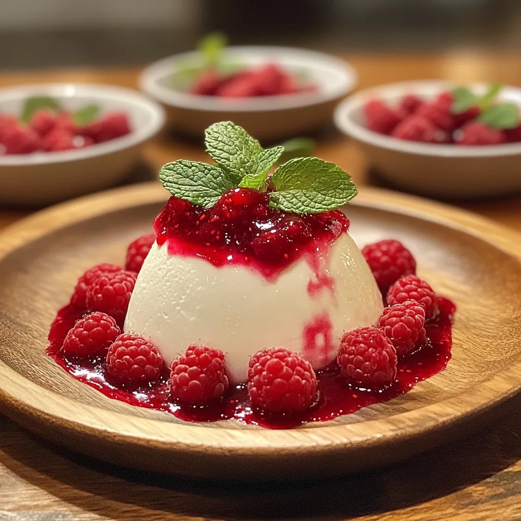A creamy white panna cotta is elegantly presented on a rustic wooden plate.  It's topped with a vibrant raspberry coulis and garnished with fresh mint leaves.  Surrounding the dessert are additional fresh raspberries, enhancing the rich red color contrast.  Blurred in the background are bowls of more raspberries, suggesting a delightful, berry-focused dessert experience.