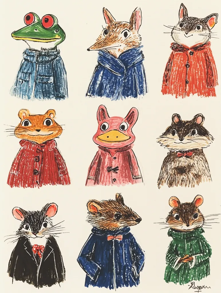Nine charming animal illustrations, each wearing a coat.  A frog in denim, a fox in blue, a hamster in red, a squirrel in red, a pink duck-like creature in pink, a chipmunk in brown, a mouse in a tuxedo, a field mouse in blue, and a chipmunk in green.  The style is whimsical and textured, reminiscent of crayon or colored pencil.