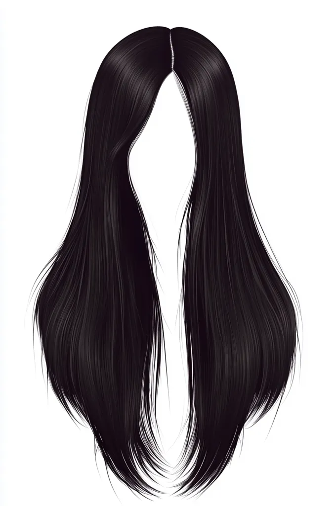 A digital illustration showcases long, straight black hair, parted in the middle and falling in smooth, sleek layers.  The hair is depicted against a white background, emphasizing its texture and shine. The style is sleek and elegant, suggesting a model's wig or a high-quality hair extension. The image is highly realistic in its rendering of the hair's sheen and individual strands.