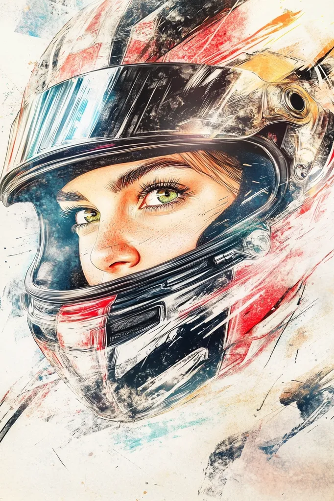 A stylized portrait of a woman's face partially obscured by a racing helmet.  The artwork uses a blend of painting and sketching techniques, creating a textured, dynamic effect.  The woman's expressive green eyes are prominent, contrasting with the gritty, motion-blurred details of the helmet, suggesting speed and adrenaline. The color palette is vibrant yet muted, with splashes of red and blue against a neutral background.