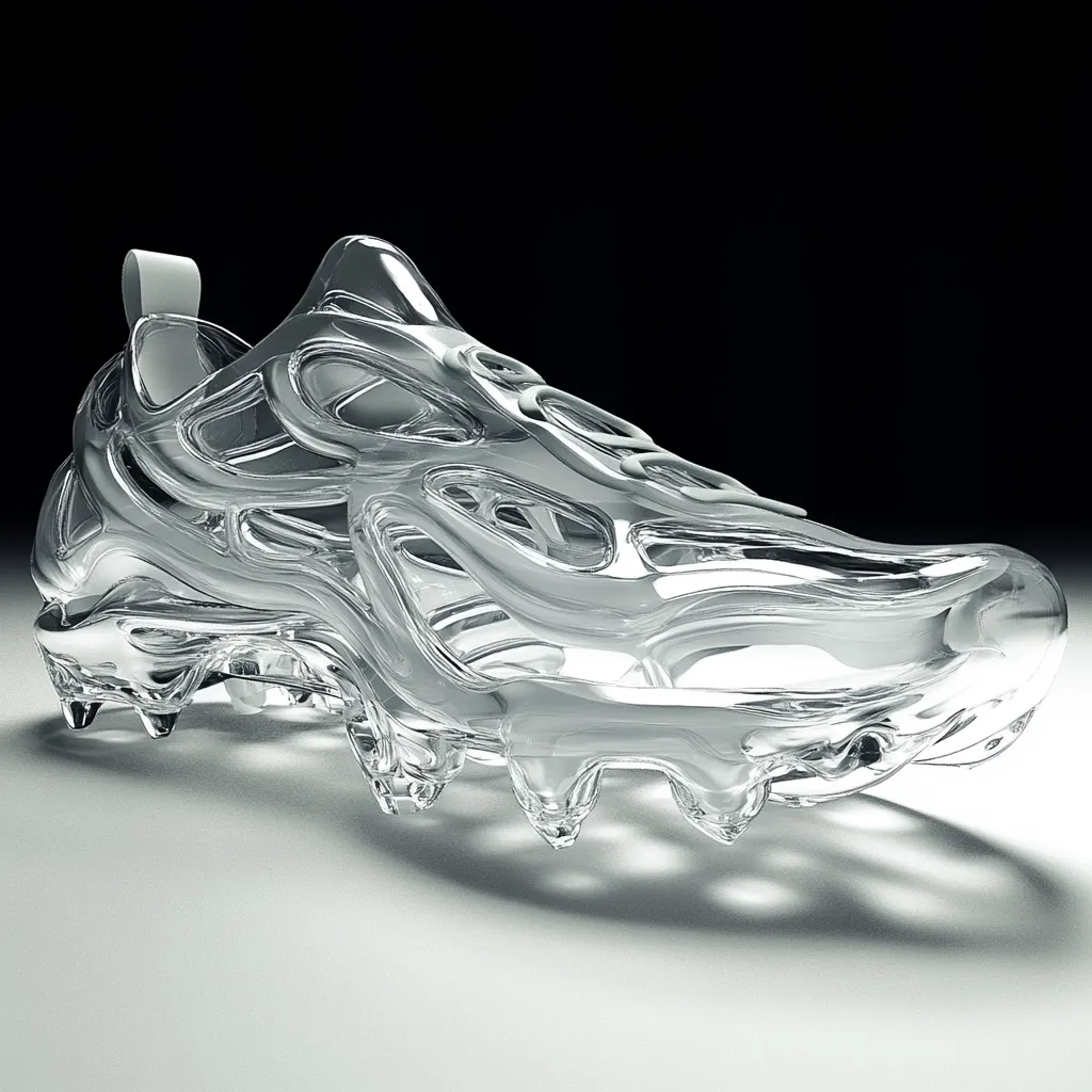 A single, transparent glass soccer cleat rests on a white surface against a black background.  The shoe's design is intricate and modern, showcasing a complex, almost skeletal structure.  Light reflects off the smooth, glassy surface, highlighting its delicate details and three-dimensional form.  The image has a sleek and futuristic aesthetic.