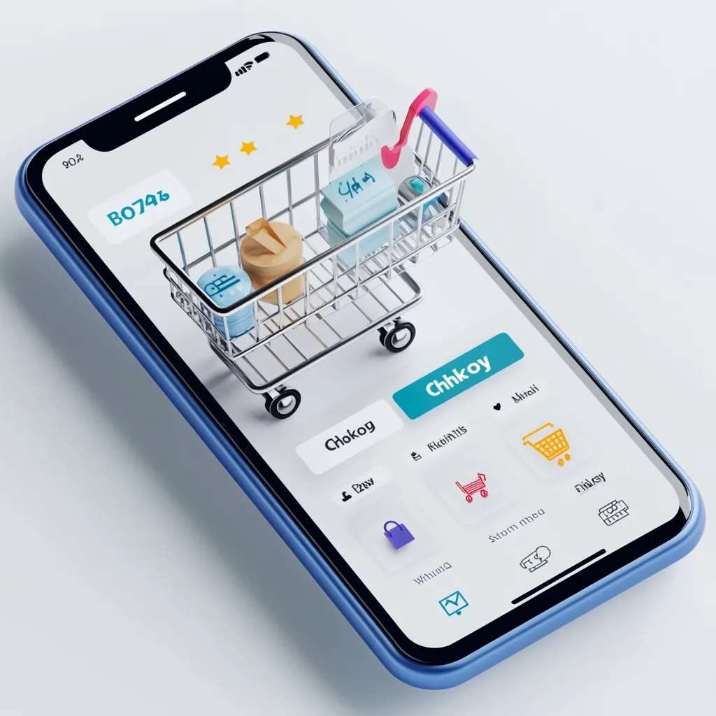 A smartphone displays a mobile shopping app interface. A miniature shopping cart sits atop the screen, filled with small, cartoonish items.  The app shows a five-star rating, order number (B0746), and buttons for various functions including checkout, account, and a shopping cart icon. The overall aesthetic is clean and modern, emphasizing the convenience of online shopping.