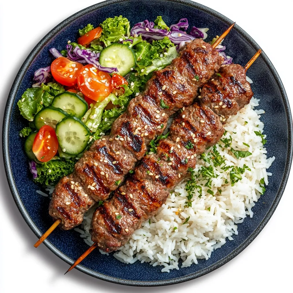 A delectable overhead shot showcases two grilled lamb kebabs, meticulously arranged atop a bed of fluffy white rice.  Accompanying this main course is a vibrant salad featuring chopped cucumbers, tomatoes, red cabbage, and fresh lettuce. The entire meal is presented on a dark blue plate, offering a visually appealing and satisfying culinary experience.