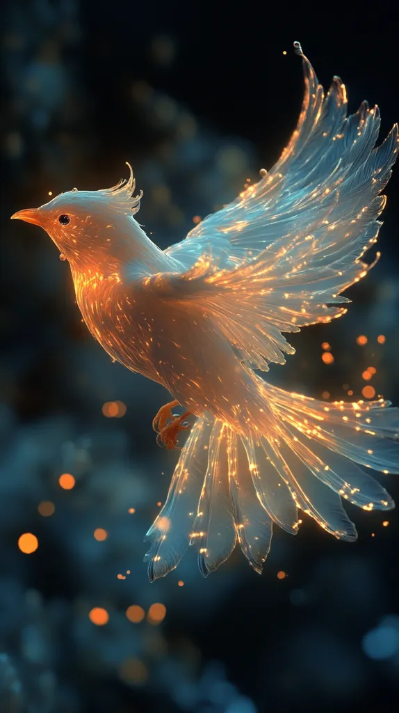 A digitally created image depicts a white bird in flight.  Its wings and tail are translucent, shimmering with golden light, creating a magical, ethereal effect.  The bird is sharply detailed against a dark background speckled with bokeh-like orange lights, enhancing its otherworldly appearance. The overall impression is one of fantasy and wonder.