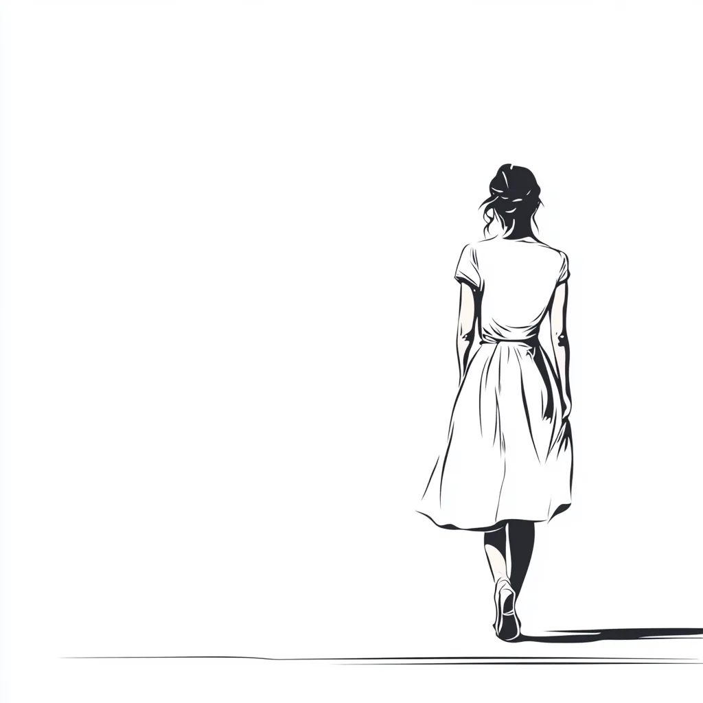 A minimalist line drawing depicts a woman from behind, walking away.  She wears a simple, knee-length dress and her hair is tied back.  The style is stark, with strong black outlines against a white background, creating a sense of solitude and contemplation. The image is evocative and leaves room for interpretation.