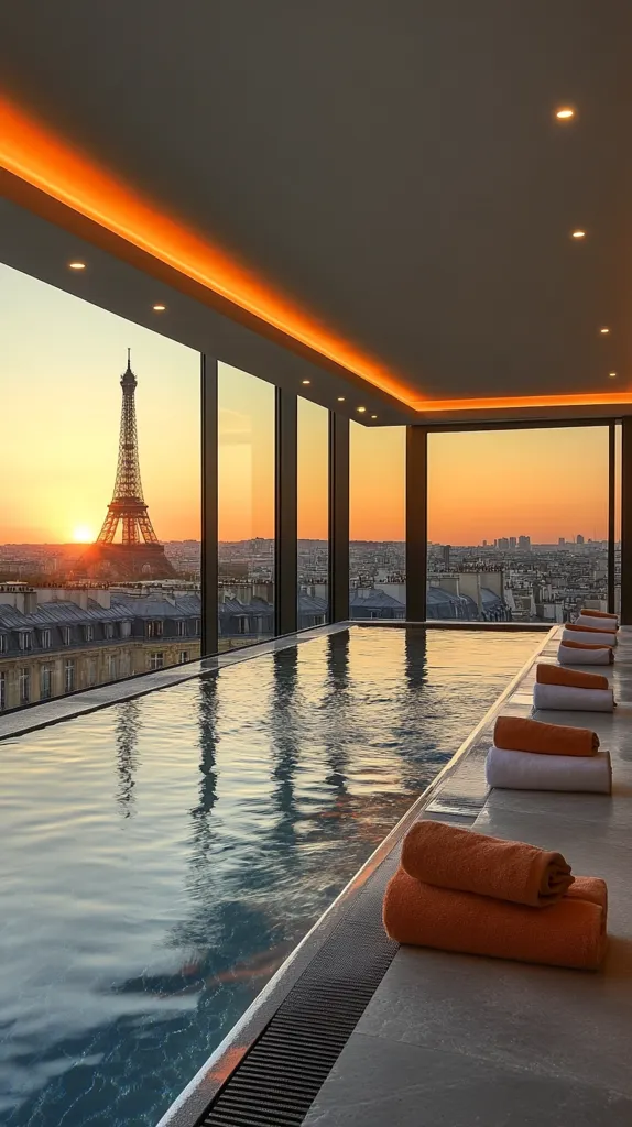A luxurious indoor pool boasts floor-to-ceiling windows offering a breathtaking panoramic view of the Paris skyline at sunset.  The Eiffel Tower is prominently featured in the distance.  Orange-toned lighting accents the ceiling, complementing the warm sunset hues.  Neatly folded orange towels rest beside the pool, adding to the tranquil and upscale ambiance.