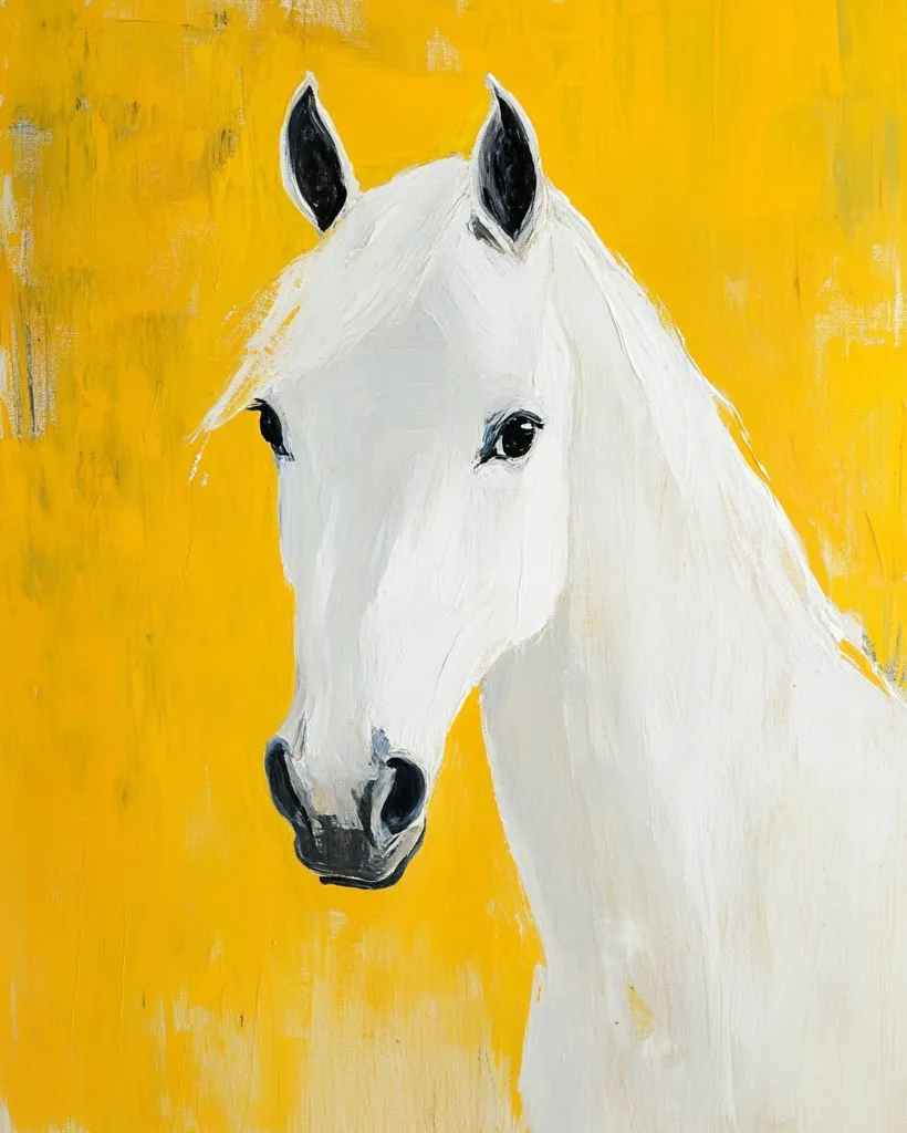 A vibrant painting showcases a white horse's head and neck against a bold yellow background.  The horse is depicted in a painterly style with visible brushstrokes, emphasizing texture and form. The yellow background is textured, creating a dynamic contrast with the smooth, almost ethereal portrayal of the white horse.  The horse's dark eyes and nostrils add depth to the piece, creating a captivating image.
