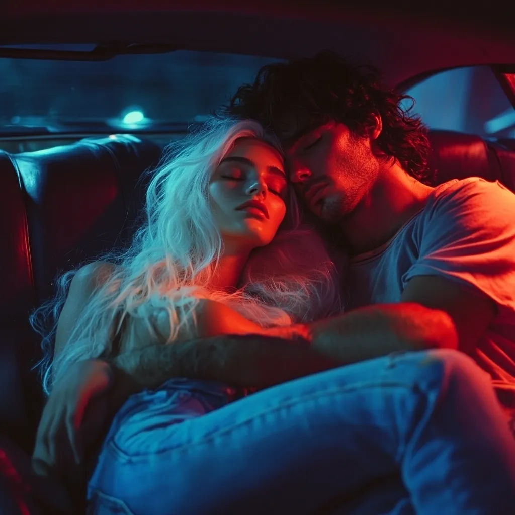 A young couple, bathed in red and blue neon light, embraces and sleeps soundly in the backseat of a car.  The woman, with long platinum blonde hair, rests her head on the man's shoulder. He has dark hair and is wearing a light-colored t-shirt.  The intimate scene is set against a blurred nighttime city backdrop.  The overall mood is romantic and serene.