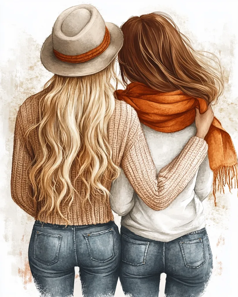 A watercolor illustration depicts two women from behind, embracing. One wears a beige hat and sweater, the other a burnt orange scarf.  Both have long flowing hair and are dressed in jeans.  The style is soft and romantic, conveying a sense of friendship and closeness. The background is a muted beige, emphasizing the figures.