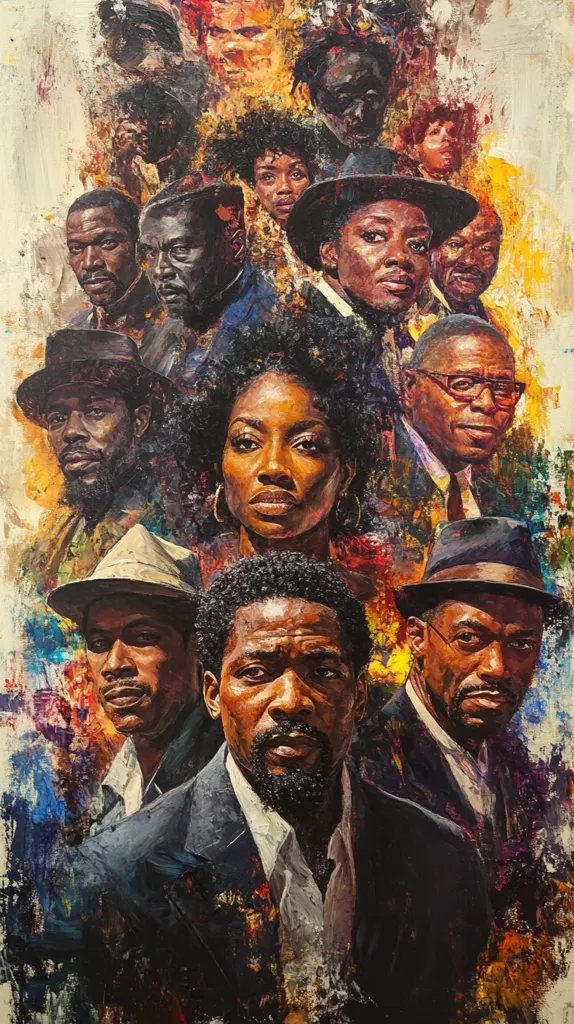 A vibrant oil painting showcases a multitude of Black faces, predominantly men and women, layered upon each other.  The portraits are rendered in a dynamic, impasto style with bold brushstrokes and rich colors, creating a sense of depth and energy.  The individuals appear to be diverse in age and expression, conveying a powerful collective portrait.  The overall effect is one of strength, resilience, and shared identity.