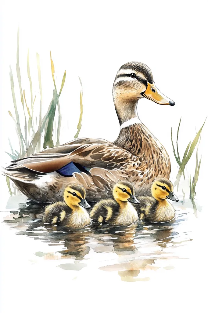 A watercolor painting depicts a female mallard duck and her three ducklings.  The mother duck is centrally positioned, her brown and speckled plumage detailed.  The ducklings, smaller and fluffier with yellow faces, swim closely behind her.  The background suggests a tranquil wetland setting with muted greens and browns. The overall style is realistic, showcasing the fine details of the birds' feathers and the calm water.