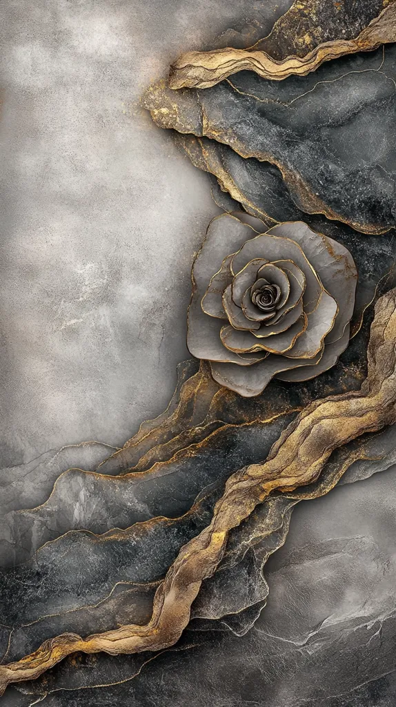 An abstract art piece features a large, stylized rose in muted gray and gold tones. The rose is positioned against a backdrop of layered, textured stone formations in shades of gray and dark brown, accented with gold veining. The overall aesthetic is elegant and luxurious, blending organic floral elements with a dramatic, geological-inspired design. The contrast of colors and textures creates visual depth and interest.