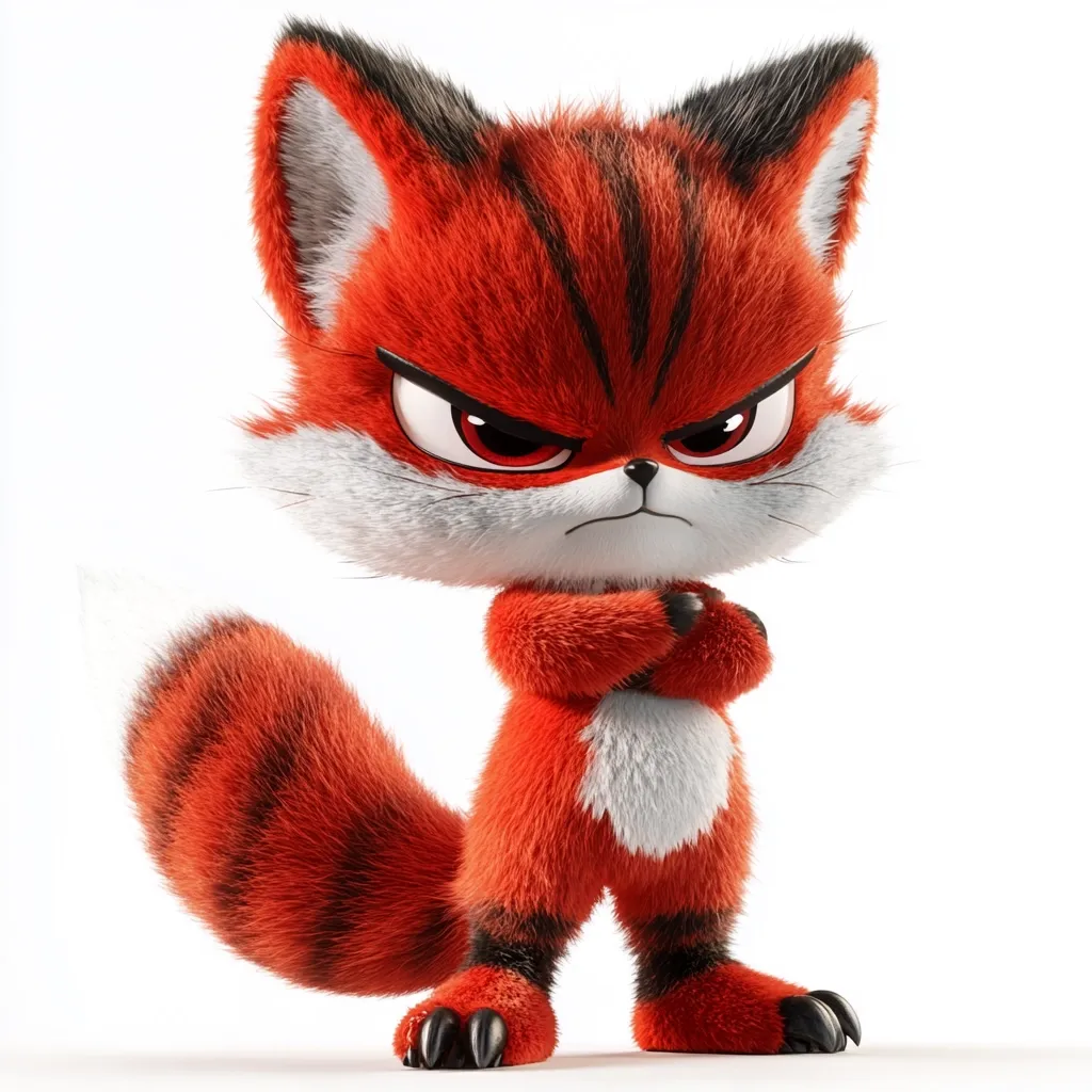 A digitally rendered image showcases a cute, angry fox character.  The fox is predominantly bright orange with black stripes,  possessing a fluffy texture. Its arms are crossed in a defiant posture, and its expression is one of clear displeasure. The large bushy tail adds to its overall adorable yet grumpy appearance, set against a clean white background.