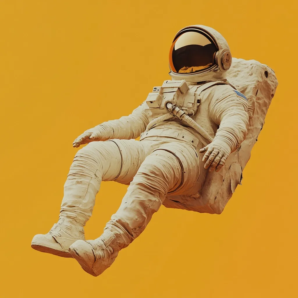 A 3D rendering depicts an astronaut seemingly floating against a vibrant yellow backdrop.  The astronaut's spacesuit is off-white, appearing weathered or dusty, giving a sense of age and journey.  The gold-tinted visor of the helmet reflects light, adding a striking contrast. The astronaut's relaxed posture suggests a moment of calm amidst the vastness of space. The image evokes a feeling of solitude and exploration.