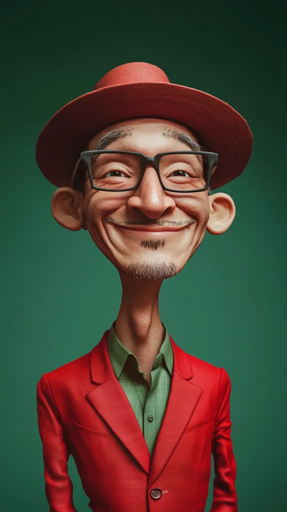 A stylized 3D caricature of a smiling man. He wears a red fedora, black-rimmed glasses, a red blazer, and a green collared shirt. His features are exaggerated, with a long neck and a broad, happy grin. The background is a deep teal green, providing a stark contrast to his vibrant attire.  The image is humorous and playful in its style.