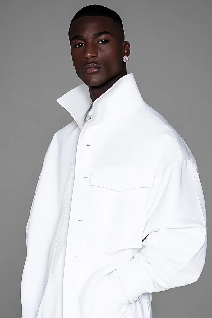 A dark-skinned male model sports a crisp white oversized shirt with a high collar and large pockets.  The shirt's clean lines and simple design are accentuated by his short, neat haircut and small, light pink stud earrings. His serious expression adds a touch of sophistication to the minimalist aesthetic.  The background is a neutral grey, focusing attention on the model and his attire.