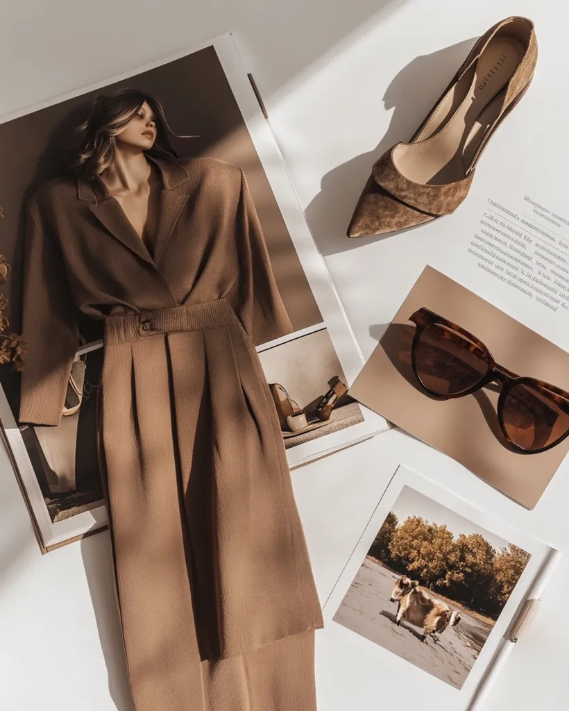 A flat lay showcasing a stylish taupe outfit.  A  woman's  brown  corduroy  suit,  pointed-toe  heels, and tortoiseshell sunglasses are arranged on a white background with fashion magazines and photos.  The overall aesthetic is minimalist and sophisticated, emphasizing earthy tones and natural light.