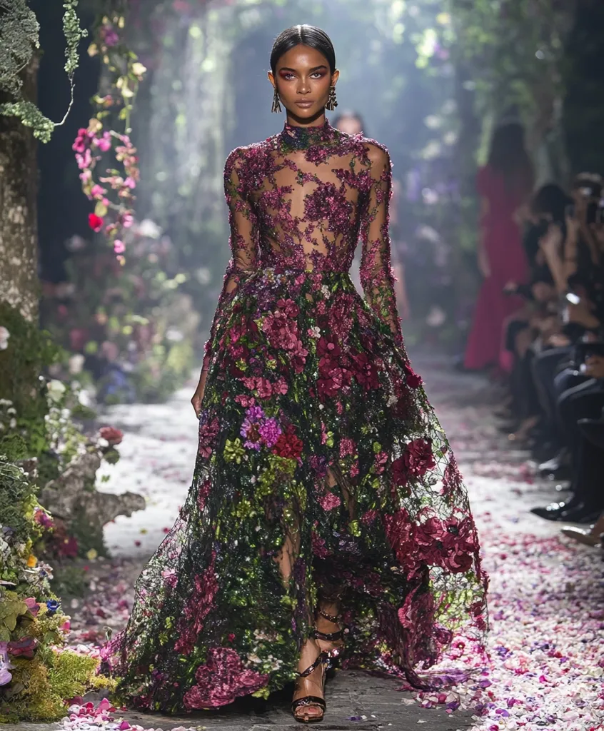 A model walks a runway showcasing a breathtaking gown. The floor-length dress is a sheer black lace adorned with intricately embroidered dark pink and purple flowers.  The high-neck, long-sleeved design creates an elegant silhouette.  The model's makeup is striking, complementing the dramatic floral embroidery. The background features a lush, floral setting, enhancing the ethereal beauty of the garment.