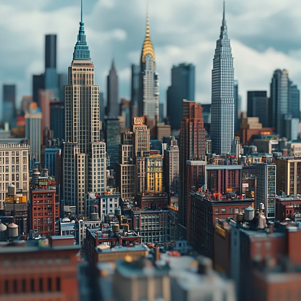 A detailed, stylized cityscape, possibly New York City, is depicted.  Tall skyscrapers, including iconic spire-topped buildings, dominate the skyline.  Numerous smaller buildings of varying heights and colors fill the scene, creating a dense urban texture.  The image has a slightly miniature or model-like quality, with a focus on architectural detail.  The overall atmosphere is bright and slightly hazy, suggesting a daytime setting.