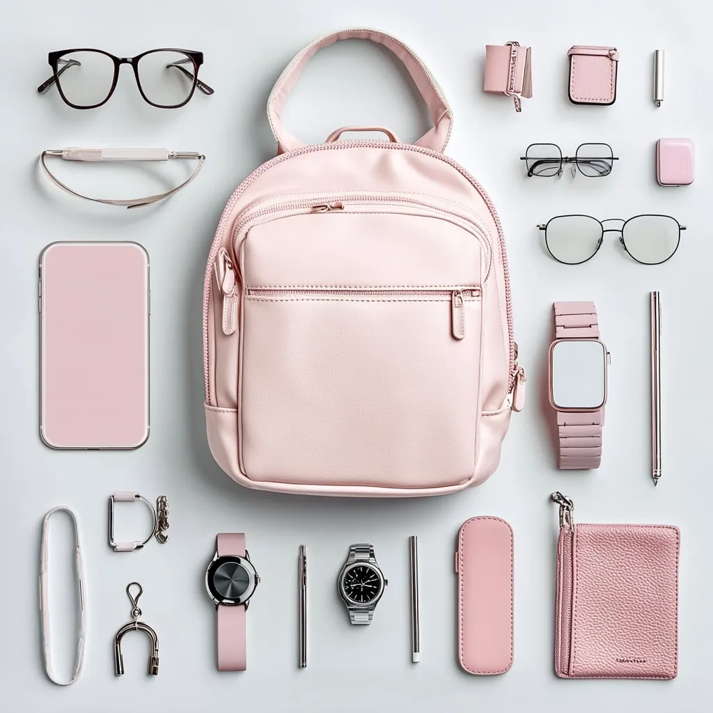 A pale pink backpack is the centerpiece of a flat lay showcasing various accessories.  Surrounding the bag are eyeglasses, a phone, two watches, a pen, a small wallet, and other small items like a key ring and reusable straws, all in coordinating pink and neutral tones. The overall aesthetic is minimalist and stylish.