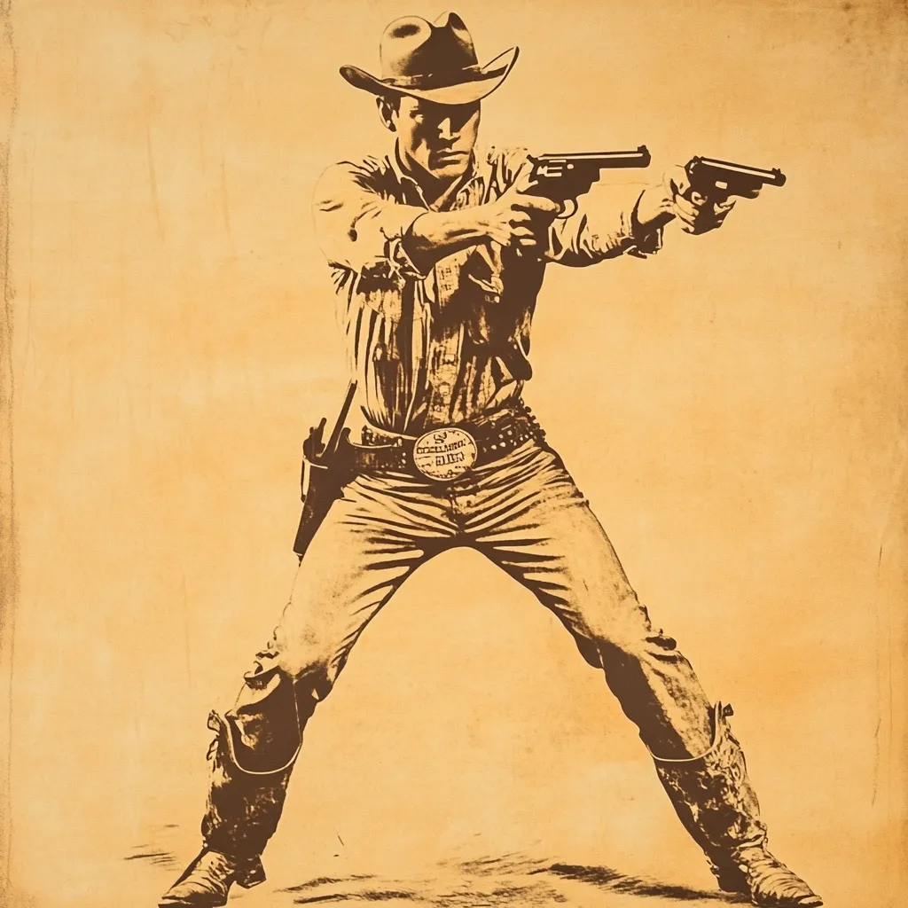 A sepia-toned illustration depicts a cowboy in a wide-brimmed hat and boots, wielding two revolvers.  His stance is low and wide, suggesting a poised and ready position.  He wears a belt buckle with an emblem, and his attire is classic Western style. The background is a textured, parchment-like surface.  The overall style is reminiscent of vintage Western movie posters or illustrations.