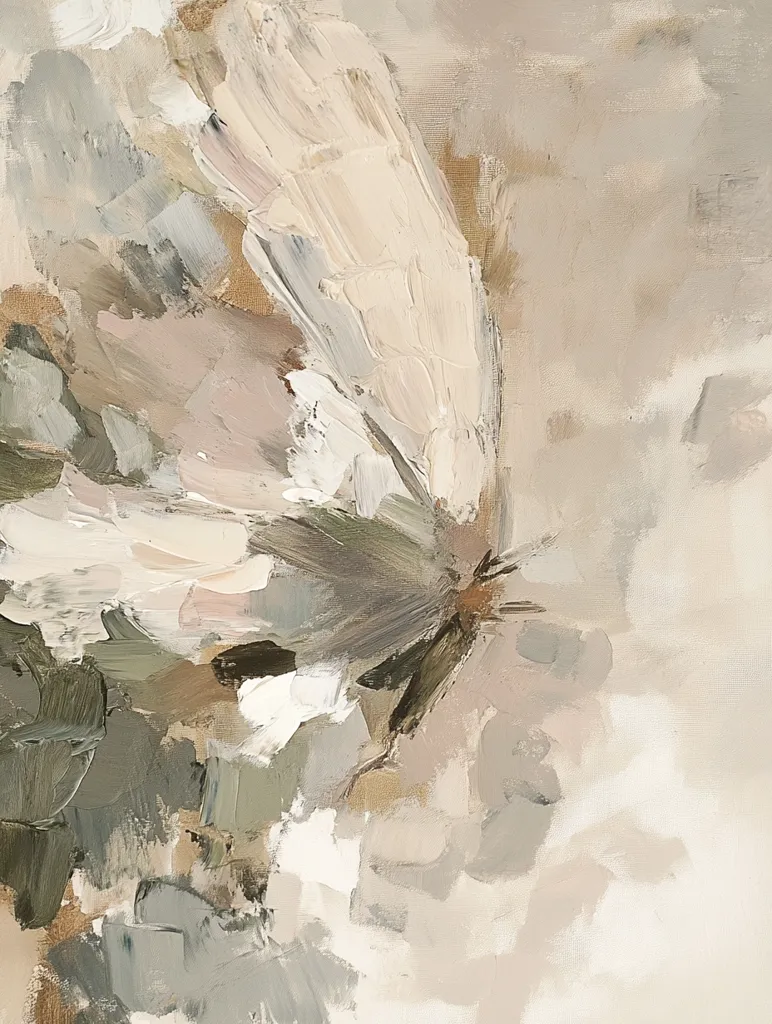 An abstract painting in muted earth tones depicts a butterfly-like form.  The artist uses thick, textured brushstrokes of beige, taupe, grey, and muted greens to create a sense of movement and depth. The overall effect is soft and ethereal, with a focus on texture and color interplay rather than precise form. The painting evokes a feeling of calm and tranquility.