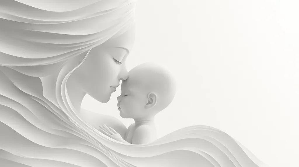 A monochromatic illustration depicts a mother and child in an abstract, sculptural style.  The mother's flowing hair and dress are rendered in layered, wave-like forms.  Her face is gently pressed against the baby's, conveying tenderness and love.  The overall effect is one of serenity and peaceful connection.  The white background enhances the purity and simplicity of the image.