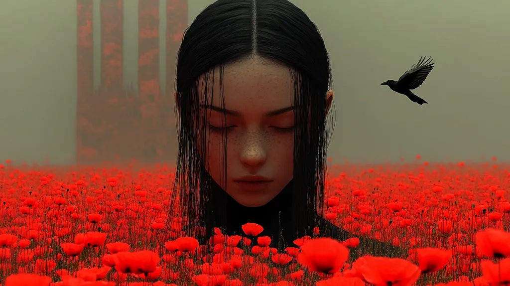 A young woman with long black hair stands in a field of vibrant red poppies. Her eyes are closed, and she appears serene.  A single black crow flies overhead against a hazy, muted green sky.  In the background, tall, indistinct structures are partially obscured by fog. The overall mood is melancholic and atmospheric.