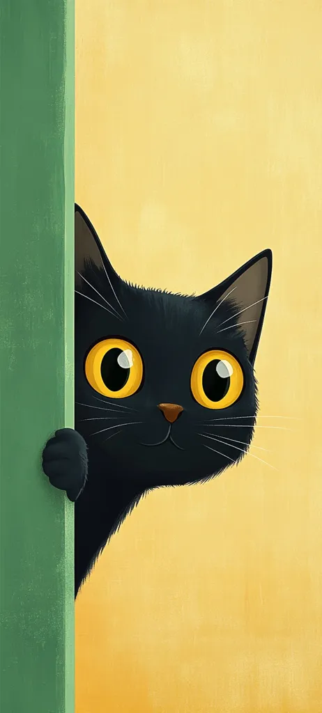 A black cat with large, expressive yellow eyes peeks from behind a green post.  Its fur is dark and slightly textured, contrasting against a warm, yellowish background. The cat's curious expression and playful posture create a charming and whimsical illustration. The simple yet effective composition emphasizes the cat's features.