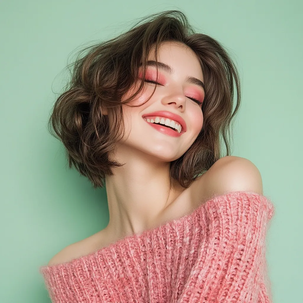 A young woman with a short, wavy brown bob smiles brightly against a pale green background.  She's wearing a soft pink, off-the-shoulder knit sweater.  Her makeup features rosy cheeks and lips, enhancing her radiant expression.  The overall image is one of youthful beauty and carefree happiness.