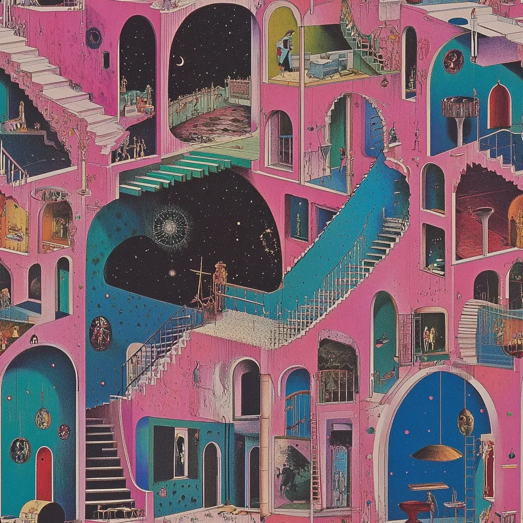 A surreal, dreamlike illustration depicts a pink, multi-level building with interconnected staircases spiraling upwards and downwards.  Rooms and hallways are intricately layered, revealing glimpses of various scenes, including starry skies, celestial bodies, and figures within the architecture. The vibrant color palette blends pink, teal, and deep blues, creating a fantastical, almost impossible structure.  The overall impression is one of infinite depth and imaginative complexity.