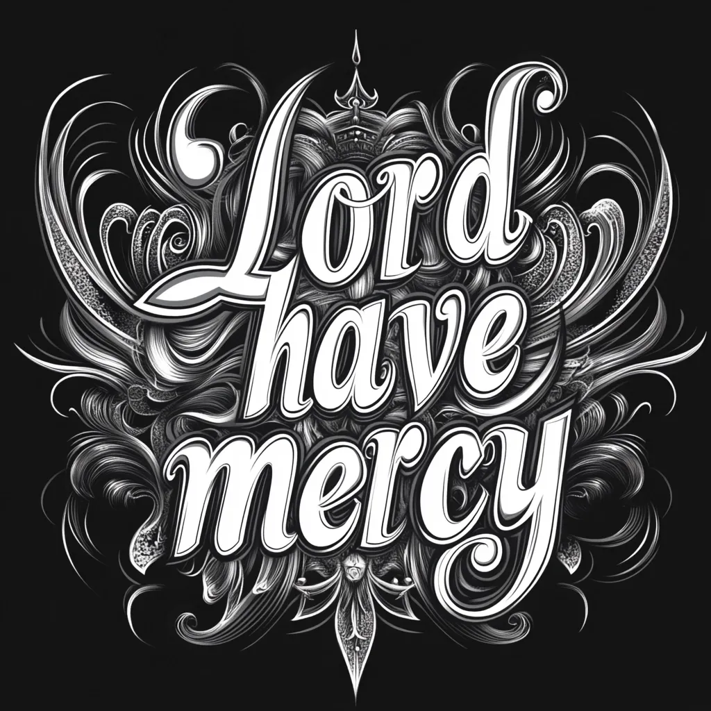 A black and white illustration features the phrase "Lord Have Mercy" in ornate, stylized lettering.  The words are rendered in a bold, almost gothic script, surrounded by elaborate swirling flourishes and detailed, textured patterns that resemble hair or flames. The design is highly decorative and visually rich, creating a striking piece of typographic art. The overall effect is dramatic and powerful.