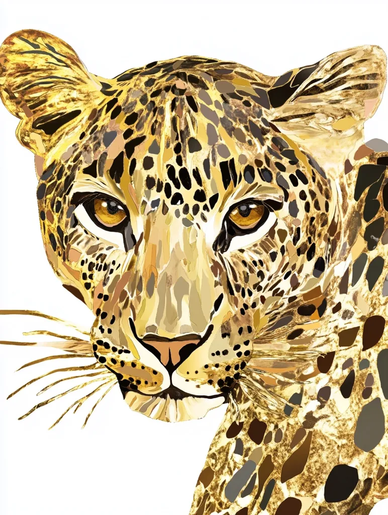 A stylized illustration of a leopard's head and shoulders against a white background. The leopard is depicted in shades of gold, brown, and black, with its characteristic spots prominently displayed.  The artist uses a painterly style, creating a textured effect on the fur. The leopard's gaze is direct, and its expression is both intense and captivating. The whiskers are meticulously detailed, adding to the overall realism of the piece.