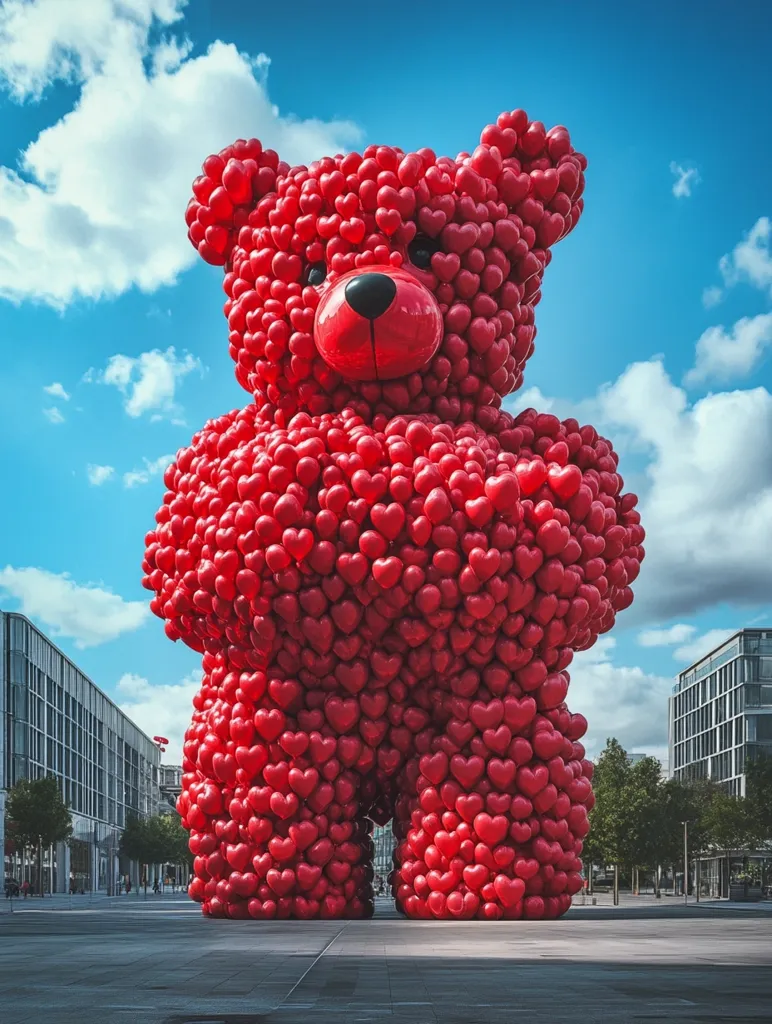 A giant teddy bear sculpture, constructed entirely of red heart-shaped balloons, stands majestically under a vibrant blue sky dotted with fluffy white clouds.  The bear is positioned in a city square, with modern buildings forming a backdrop.  The sheer scale and unique design create a striking visual contrast between the playful subject and the urban environment.