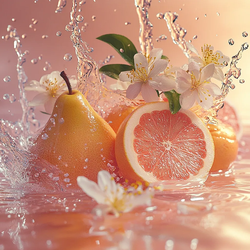 A vibrant image depicts a pear and a grapefruit half submerged in splashing water, adorned with delicate white blossoms.  The fruits are bathed in a soft, peachy light, creating a refreshing and visually appealing scene. The water's movement adds dynamism, emphasizing the juicy nature of the fruit.  The overall aesthetic is one of springtime freshness and natural beauty.