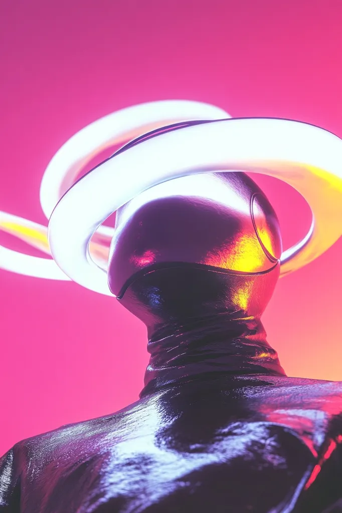 A stylized 3D rendering depicts a figure in a dark, glossy suit, its head adorned with a luminous, white, ring-like structure.  The background is a vibrant pink, contrasting sharply with the figure's metallic sheen. The overall aesthetic is futuristic and otherworldly, with a strong emphasis on light and shadow.  The image evokes a sense of mystery and technological advancement.