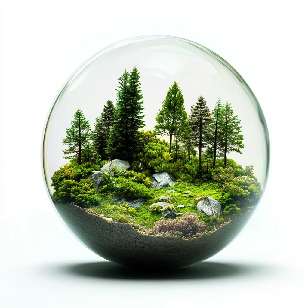 A miniature forest scene is encapsulated within a large, clear glass sphere.  The terrarium features small evergreen trees, mossy ground cover, and rocks, creating a lush, verdant landscape. The sphere rests on a white surface, casting a subtle shadow.  The image evokes a sense of tranquility and the preservation of nature.
