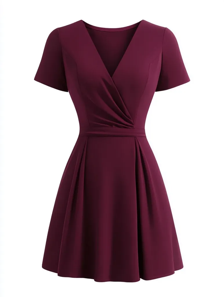 A burgundy A-line dress with short sleeves and a V-neckline is shown. The dress has a pleated skirt and a fitted bodice.  The fabric appears smooth and the overall style is simple and elegant, suitable for a semi-formal occasion.  The wrap-style bodice adds a touch of sophistication.
