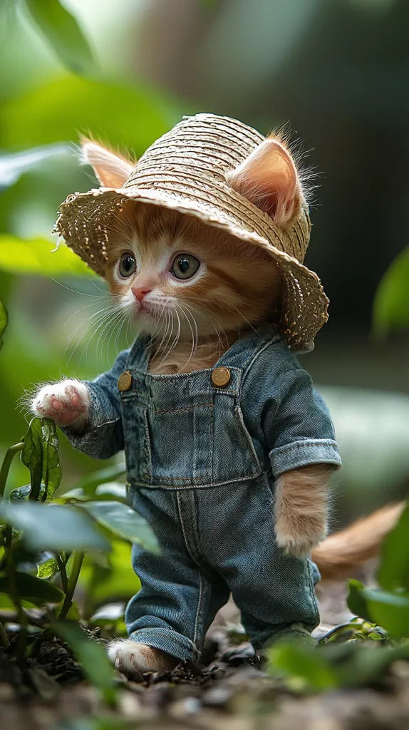An adorable ginger kitten, dressed in miniature denim overalls and a straw hat, explores a lush green garden.  Its paws gently touch a leafy plant as it looks inquisitively around. The tiny outfit and the kitten's curious expression create a charming and heartwarming scene. The overall image is soft and inviting, evoking feelings of warmth and cuteness.