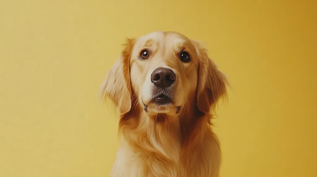 A golden retriever stares directly at the camera against a bright yellow background.  Its fur is a rich, golden color, and its expression is alert and attentive. The dog's large, dark eyes are captivating, and its soft, fluffy coat is clearly visible. The overall image is clean and simple, focusing entirely on the adorable canine subject.