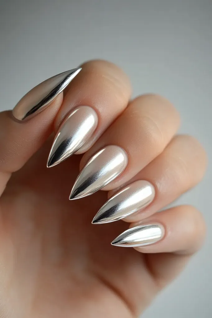 A close-up showcases a hand adorned with a stylish manicure.  All nails are shaped into sharp points and painted with a reflective silver polish, creating a striking chrome effect. The nails are long and slender, emphasizing the metallic sheen of the polish.  The overall look is sleek, modern, and glamorous.