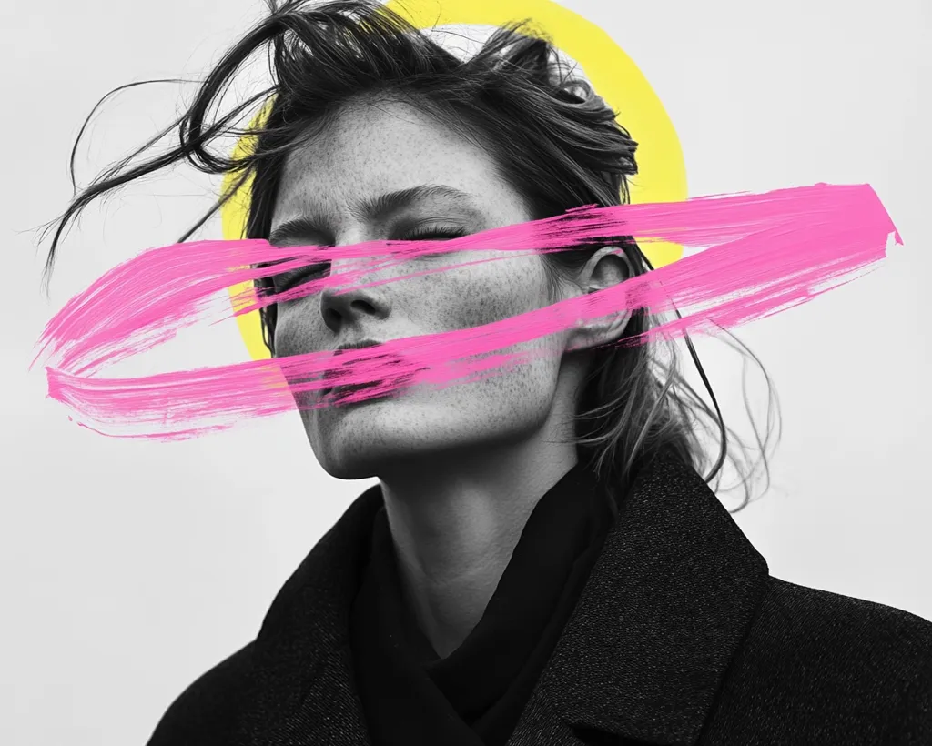 A black and white portrait of a woman with windblown hair is overlaid with vibrant pink brushstrokes creating a dynamic contrast.  A pale yellow circle partially frames her head, adding to the artistic composition.  The woman's face, speckled with freckles, is partially obscured, enhancing the image's abstract quality and mysterious mood. The overall effect is stylish and modern.