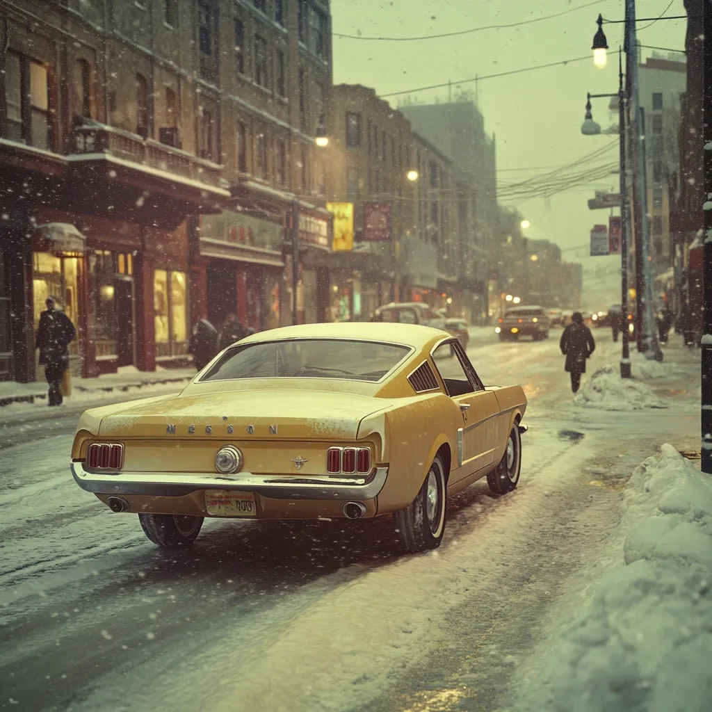 A vintage yellow Mustang sits parked on a snow-covered street, the scene bathed in the soft glow of streetlights.  Snow gently falls on the quiet city street, lined with old brick buildings.  The car's classic lines are accentuated by the wintry atmosphere. A few pedestrians are visible in the distance, adding to the nostalgic ambiance of the image.